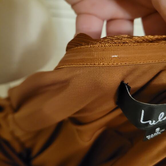 Ruched Strapless Satin Midi Dress Brown Lulu's Small Evening Cocktail - Picture 8 of 9